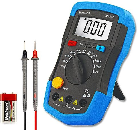 SURLABA Misuratore Capacità Digitale, XF-36D Condensatore Tester 0.1pF - 20000uF, 1999 Display, Capacitance Meter con Retroilluminazione LCD & Data Hold per Casa, Industria, Test dei Guasti