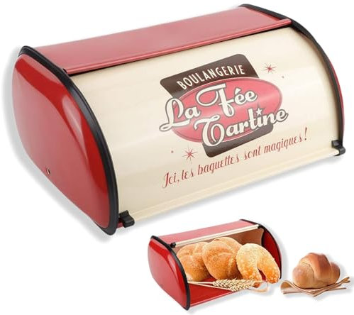Panera con Tapa Enrollable, Caja de Pan Vintage, Panera de Metal con Tapa, Contenedor de Pan, 34,5×23×14,5cm, Antideslizante, Contenedor para Pan, Panera de Mesa para Guardar Pan (Rojo)