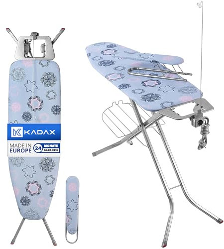 KADAX Tabla de Planchar de Acero con Funda de Algodón, Enchufe, Altura Regulable, Estante para Ropa y Soporte para Plancha, Mesa Plegable (Azul)