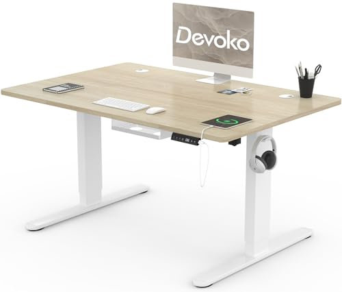 Devoko Höhenverstellbarer Schreibtisch 120x80cm mit Typ-C Ladeanschluss, Schreibtisch Höhenverstellbar Elektrisch, Mobiler Elektrisch Computertisch mit Kabel Management Tray, Eiche