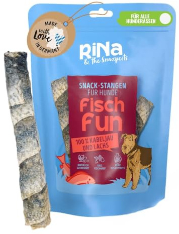 RiNa Kaustange für Hunde 100% Kabeljau- und Lachshaut, Fischsnack 80 g | Kaustangen aus Kabeljau- und Lachshaut, Omega-3, 6 und 9 für Haut, Fell, Gelenke und Vitalität, proteinreich, getrocknet