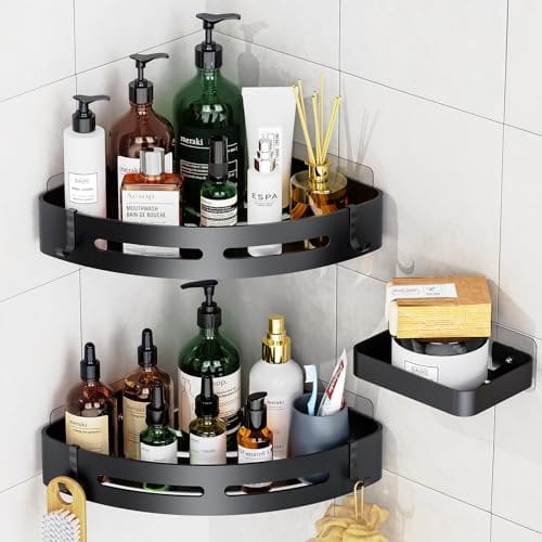 Uamector Duschablage ohne Bohren Ecke - Badezimmer Regal Duschkorb - Rostfrei Schwarz Duschregal für Duschgel - Shampoo Halterung für Eckregal Dusche (2 Ecken + 1 Seifenständer)