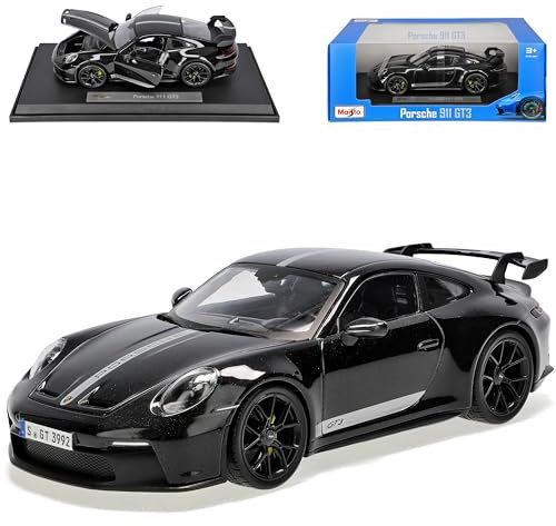 alles-meine.de GmbH Porsche 911 992 GT3 Coupe Schwarz mit Streifen in Silber Neue Generation Ab 2019 Version Ab 2022 1/18 Modell Auto mit individiuellem Wunschkennzeichen
