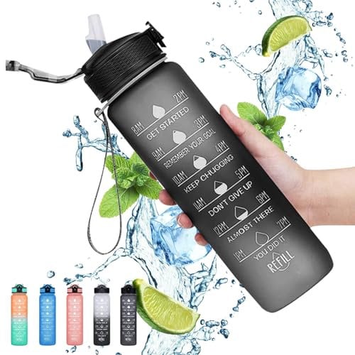 Gaiayhc Sports 1L Motivational Water Bottle with Time Marker and Straw, 30oz Leakproof Design for Hiking, Gym, Fitness, Outdoor, Cycling, School & Office