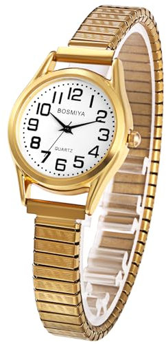 Silverora Uhren Damen Edelstahl Elastische: Gut Leicht Ablesbare Analoge Quarz Damenuhr Stretchband Armbanduhr mit Arabischer Ziffernskala Geschenke für Damen Ältere Gold
