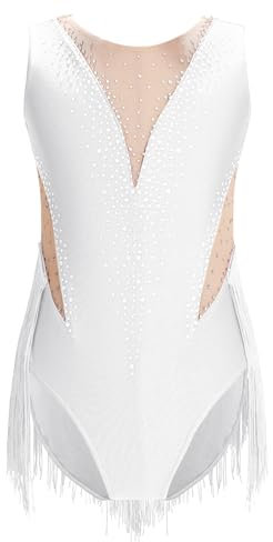 Yruioon Mädchen Turnanzug Glitzer Gymnastikanzug Ärmellos Ballettanzug Eiskunstlauf Body Overall Gymnastik Leotard Wettbewerb Tanzkostüm A Weiß 134-140