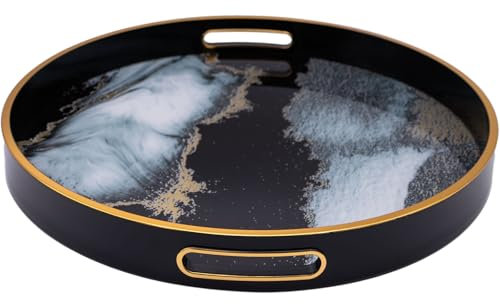 Round Abstract Design Decorative Tray, 36x36cm Marble Effect Design for Home Kitchen Coffee Table Tray, Lightweight Drinks Serving with Handles