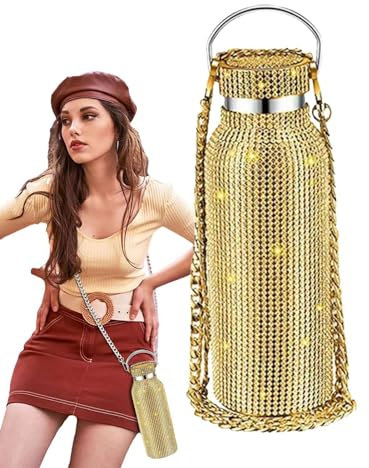 Diamond Glitter Tumbler - Thermische Wasserflasche mit Glitzersteinen, 350 ml mit Glitzer, Isolierte Wasserflasche, Nachfüllbar mit Kette, Geschenk für Frauen und Mädchen