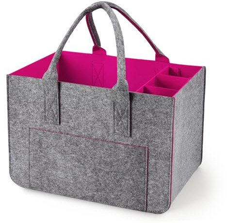 Eurhomewit Filztasche Einkaufstasche mit Fächern, Filztasche Groß 30L Faltbar und Robust Filz Einkaufskörbe Flaschentasche Kaminholztasche Kleiderkorb Spielzeugtasche (Magenta/1 Stück)