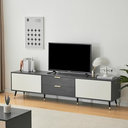 Merax Lowboard TV Board, TV Schrank mit 2 Schubladen und 2 Türen, TV Bank, TV Ständer, Sideboard, einfacher Stil Fernsehschrank für Wohnzimmer Esszimmer, Wohnzimmermöbel, 200x40x50cm, Weiß & Grau