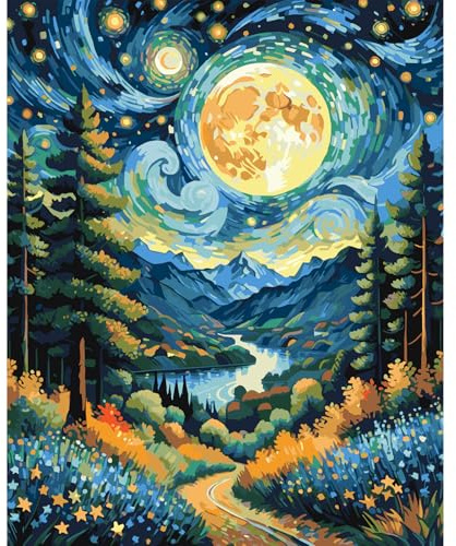 JATOK Paint by Numbers for Adults, Painting Kits for Beginners On Clear Symbols Colored Canvas, Easy DIY Acrylic Pigment Drawing Paintwork for Home Wall Decor, 16x20in Frameless, Moon Road
