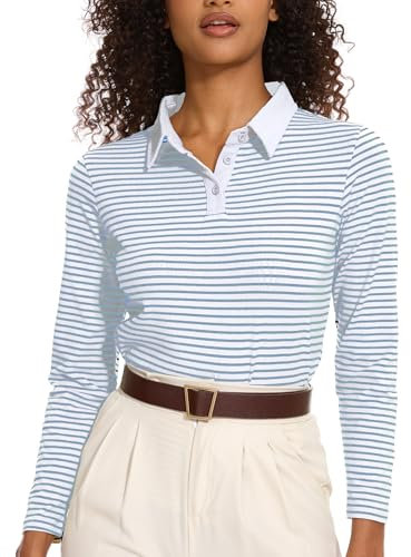 Sarefii Women Long Sleeve T Shirts Striped Collared Shirts Golf Polo Cotton Blend Casual Tennis Tops Fall Outfits Trendy, Z Long Sleeve Blue White, M