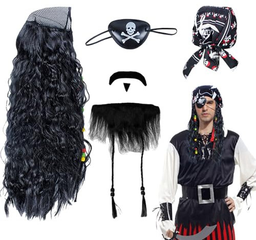 UILYNIU 4 Stück Schwarz Piraten Perücke Set Kapitän Perücke Piratenhut Schnurrbart Augenklappe Pirat Piraten Kostüm Herren Damen für Halloween Karneval Cosplay(4 Stück)