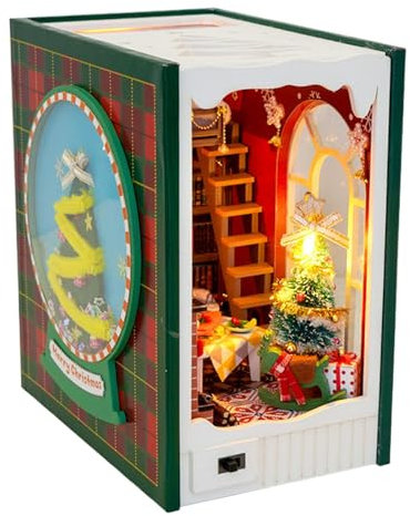 Regalecke - Weihnachtsbucheckendekoration Weihnachts-Miniatur-Haus Set - -Miniatur-Holzhaus Set mit LED-Licht und Bucheckenregaleinlage, Buchecke, C-Set