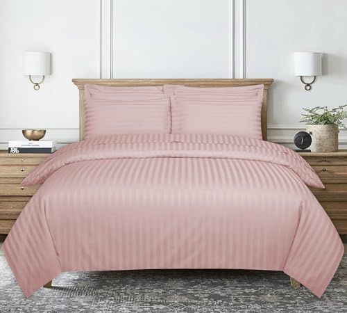Duvet Cover Stripe Satin Superking, Blush |Pink Reversible Soft Microfiber | Home Gadgets World Duvet Set Reversible Stripes Satin Superking Brushed Microfiber Satin Stripe Bedding Set with Pillowcases