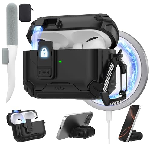 Maxjoy Hülle für AirPods Pro 2 mit Magnetverschluss, Schwarz | Hülle für AirPods Pro 2 mit Reinigungsset & Handyhalter, Karabiner, Aufbewahrungstasche, Magnetisches Laden, Sturzschutz