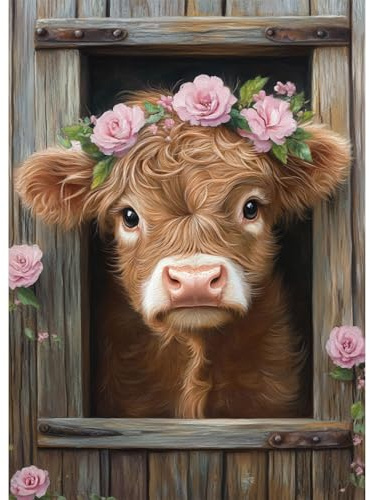 BOWETILE 5D DIY Diamond Painting Niedliche Kuh, Tier-Diamond-Art-Malerei-Sets für Erwachsene, Komplette Strassbilder Blumen-Bilder mit Strasssteinen für Anfänger, Wanddekoration für Zuhause 30x40 cm