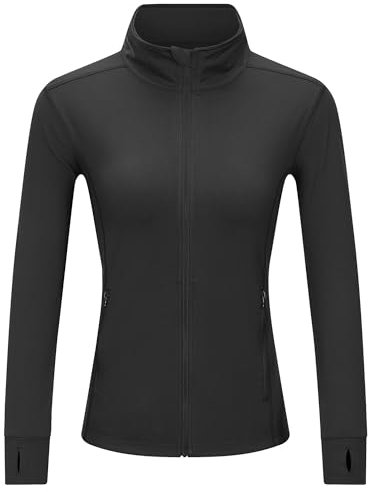 Outdoor Ventures Damen Laufjacke Stehkragen Sportjacke Langarm Trainingsjacke Leicht Atmungsaktive Trainingsanzug Sweatjacke Ohne Kapuze mit Daumenloch und Tasche Für Laufen Yoga Fitness Schwarz XL