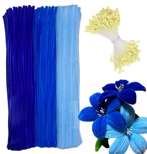 Barlone 300 Stück Pfeifenreiniger zum Basteln Blumen, Pfeifenreiniger Blau mit 350 Gelb Staubgefäße, Pipe Cleaner Flower Set, Pfeifenputzer für Blumen, Tiere oder, DIY Bastelprojekte