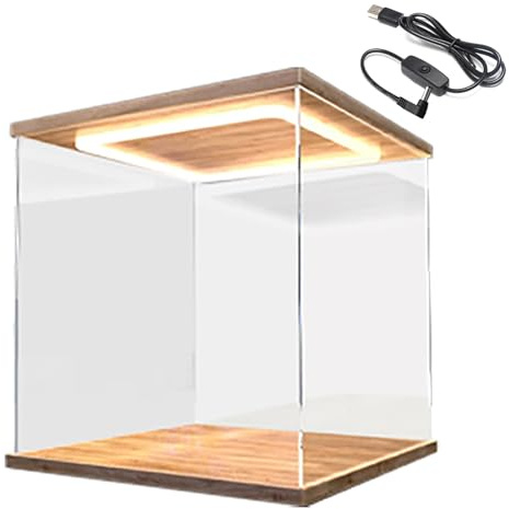 HWLL Acryl Vitrine Beleuchtete Transparente Acrylvitrine, Aufbewahrungsbox für Die Arbeitsplatte mit Holz-Kunststoff-Basis, 10 15 20 25 30 35 40 50 60 cm Langer Sammlungsschrank(20x20x20 cm/8x8x8 in)