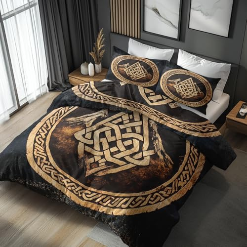 Generisch Bettwäsche Wikinger 140x200, Keltischer Knoten Nordische Mythologie Motiv Wendebettwäsche & Deko, Weiche Microfaser Bettbezug mit Reißverschluss und 1 Kissenbezug 70x90, 2tlg - ASD3884