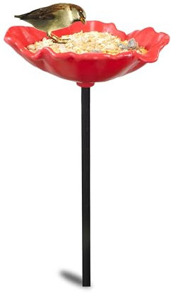Pack of 8 Wild Bird Poppy Flower Feeders Cast Iron Red Poppy Bird Seed Water Bowls Outdoor Garden Bird Bath Dish Freestanding Ground Bird Feeder Flower Bird Feeders 65cm
