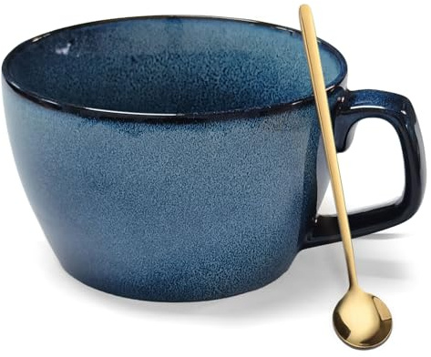 Tasse Groß mit Löffel, 650ml Jumbotasse, Suppentassen mit Henkel, Keramiktassen, XXL Tasse, Große Suppenschüssel mit Griff für Milch, Kaffee, Tee, Haferflocken, Salat, Suppen, Joghurt