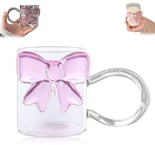 Bow Glass Cup, 3D Bow Clear Drinking Glass Cup, Pink Bows Drinking Glasses with Handle, Clear Milk Juice Coffee Mug for Weddings, Engagements, and Special Occasions (Style B)