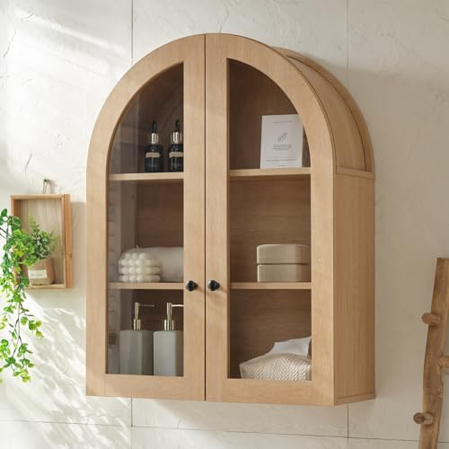 Bathroom Arched Wall Cabinet Over The Toilet Storage Cabinet, 23.5×31.4 Inch bathroom cabinet wall mount with Glass Doors & Adjustable Shelves, Wood Cabinet for Laundry Room, Kitchen,Natural oak