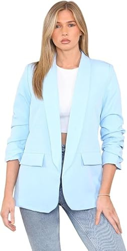 eyes Lined Blazers for Women Casual Long Ruched Sleeve Suit Plain Open Jackets Work Office Coats Cardigan Suit Formal Jacket Top Solid Color Collar Italian Ladies Blazer Size -XXL (Sky Blue, UK 16)