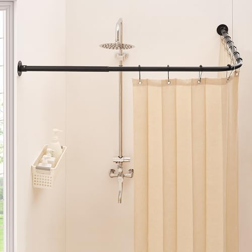 Mirooyu L Shaped Corner Shower Curtain Rail, [60-132 cm] x [60-132 cm] Heavy Duty 90 Degree Adjustable Shower Pole Rod for Bathroom, Bathtub & Outdoor with 12 Hooks & Ceiling Support
