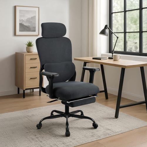 Bürostuhl Ergonomisch Höhenverstellbar, Schreibtischstuhl Homeoffice mit 3D-Armlehnen Kopfstütze Fußablage Lordosenstütze, Drehstuhl mit Wippfunktion Office Chair Arbeitsstuhl bis 150 kg belastbar