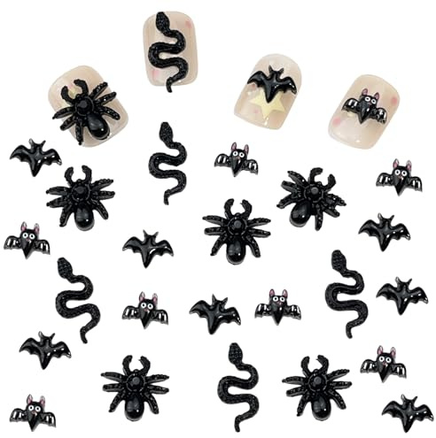 Halloween Nail Charms,120PCS Spider Bat Snake Nail Gems Black,Resin Flatback 3D Nail Art Charms Nail Supplies for Manicure Design Decorations DIY Crafting Jewelry Making Supplies