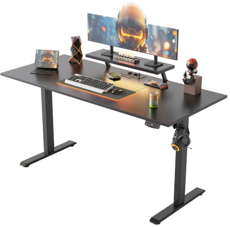 Klicelor Höhenverstellbarer Schreibtisch mit verstellbarem Monitorständer | Schreibtisch elektrisch 100 x 60 cm mit LED-Beleuchtung, USB-Steckdose, 2 Speicherplätzen, Homeoffice, Schwarz