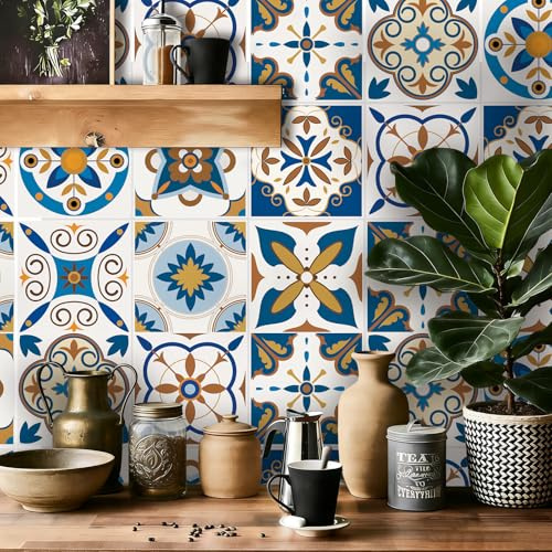TOARTI 18 Stück Fliesenaufkleber Mosaik Blau Gold Wandfliese Aufkleber Küche Wandaufkleber 15×15cm PVC Fliesensticker Fliesen Marokko Selbstklebende Tapete für Badezimmer Schrank Möbel Tischh
