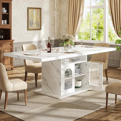 HSH Dining Table Kitchen Dinner Room Tables with Storage 160cm White Marble | Modern Kitchen Dining Room Table with 3-Tier Storage Shelf and Cabinet, Rectangular Wooden Dinner Tables for Home Living Room