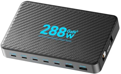 Luocute Chargeur de Bureau 288 W 8 Ports, Station de Charge Rapide GaN III avec Câbles Rétractables et écran LCD, pour Ordinateur Portable, Tablette, Téléphone et Plusieurs Appareils (Prise UE)