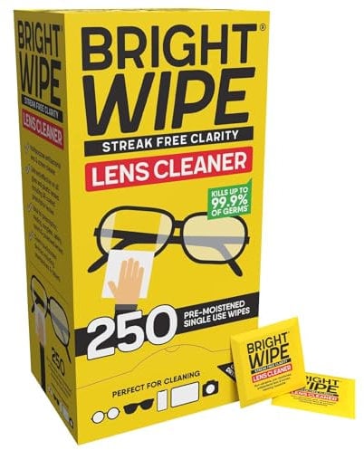 BRIGHTWIPE Lens Cleaner, 250 Individually Wrapped Glasses Wipes – Streak-Free Cleaning for Eye Glasses, Spectacles, Screens, Laptops, Phones & Cameras – Quick-Drying, Safe for All Lenses