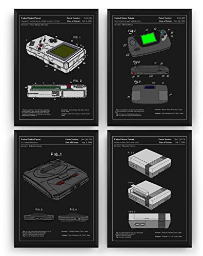 Gaming Patent Poster - Set Of 4 - Colourised Gamer Poster Gift Vintage Blueprint Retro Girls Boys Video Games Room Wall Art Bedroom Original Decor Merchandise Classic - Frame Not Included