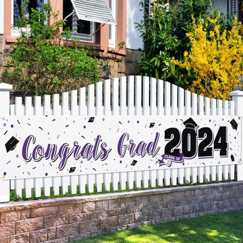 LASKYER Party-Dekorationen mit Aufschrift Congrats Graduation, Klasse 2024, groß, hängende Foto-Requisite, Banner, 2024 Gard Schild-Dekorationen – Lila