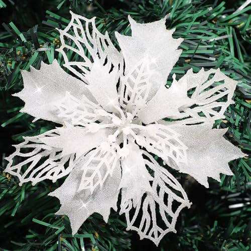 15 Stücke Weihnachten Funkeln Weihnachtsstern Blumen,Künstliche Weihnachten Blumen,Weihnachtsblumen Dekorieren,Christbaumschmuck Glitter Poinsettia,Weihnachtsbaumschmuck Ornament,Blumen Weihnachten
