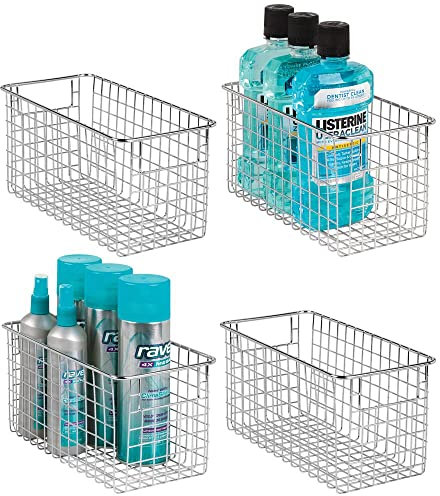 mDesign Drahtkorb für Badzubehör – praktische Gitterbox mit Griffen aus rostbeständigem Metall für Toilettenpapier oder Kosmetik – Moderne Badablage für Badaccessoires – 4er-Set – chromfarben