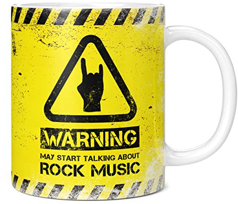 Mug Monster - Warning May Start Talking About Rock Music Funny Gift Mug - Ceramic Coffee Cup, Gift for Men or Women, Extra Large and Giant Available, 11oz White
