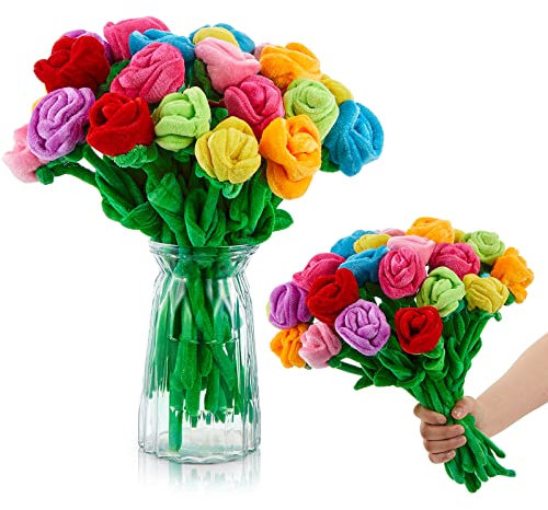 Deekin 24 Stück Valentinstag Blumen Urlaub Plüsch Rose Muttertag Blumenspielzeug bunt gefüllt, Plüschstrauß biegbare Stiele 32,5 cm Pflanze weiche Rosen für Hochzeit Ehe Frauen Geschenk Dekoration