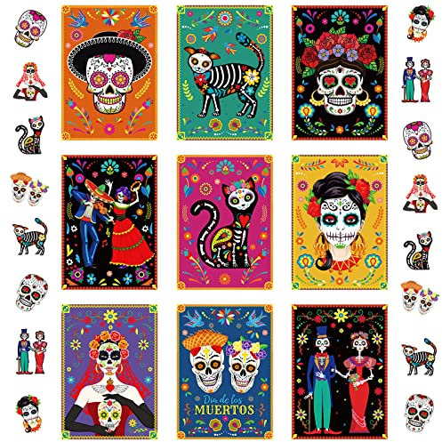 41 Stück ZuckerTotenkopfWandkunstDekorationen, Tag der Toten, mexikanische Dia de Muertos, FiestaParty, Zuckerschädel, Dekoration, Kunstdrucke für Wohnzimmer, Schlafzimmer, Büro,