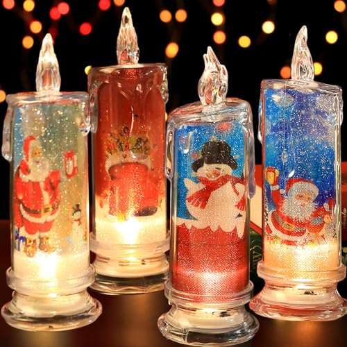 SupBri Flammenlose Weihnachtskerzen mit Weihnachtsmann, Schneemann, Aufkleber-Set, batteriebetrieben, Weihnachtsmotive, LED-Kerzen für Festival, Geschenk, Weihnachtsdekoration, 4 Stück