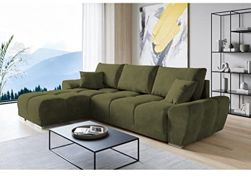 ML Furniture Velvet Ecksofa in L-Form – Olive Sofa – Couch mit Stauraum und Kissen - Ausziehbares Schlafsofa – Sofa mit Schlaffunktion - Schlafsofa mit Bettkasten – Gästebett – 289 x 189 cm