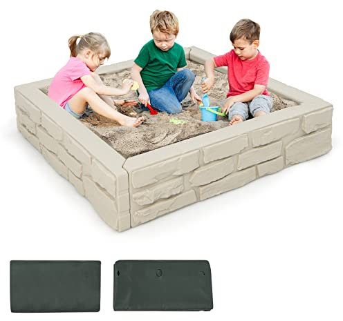 COSTWAY Kids Sandbox, 120 x 120cm Sandpit with Cover, Bottom Liner, Weather Resistant Outdoor Sand Play Station for Backyard Garden Beach (Oxide White)