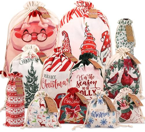 Geschenktüten Weihnachten mit Kordelzug-12 Xmas Geschenk Packtaschen, Canvas Weihnachtsbeutel, Sackleinen Taschen für Weihnachtsleckereien, Geschenksäckchen mit Namensschilder(12 Design 5 Größen)
