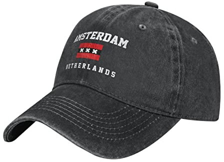 BAAROO Washed Denim Niederlande Amsterdam Flagge Baseball Cap Männer Schwarz Vintage Baumwolle Hut Unisex Papa Trucker Hüte Frauen, #1493, M/Einheitsgröße